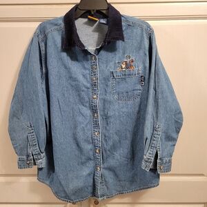 Disney Winnie the Pooh Long Sleeve Denim Button Up Shirt with Corduroy Collar